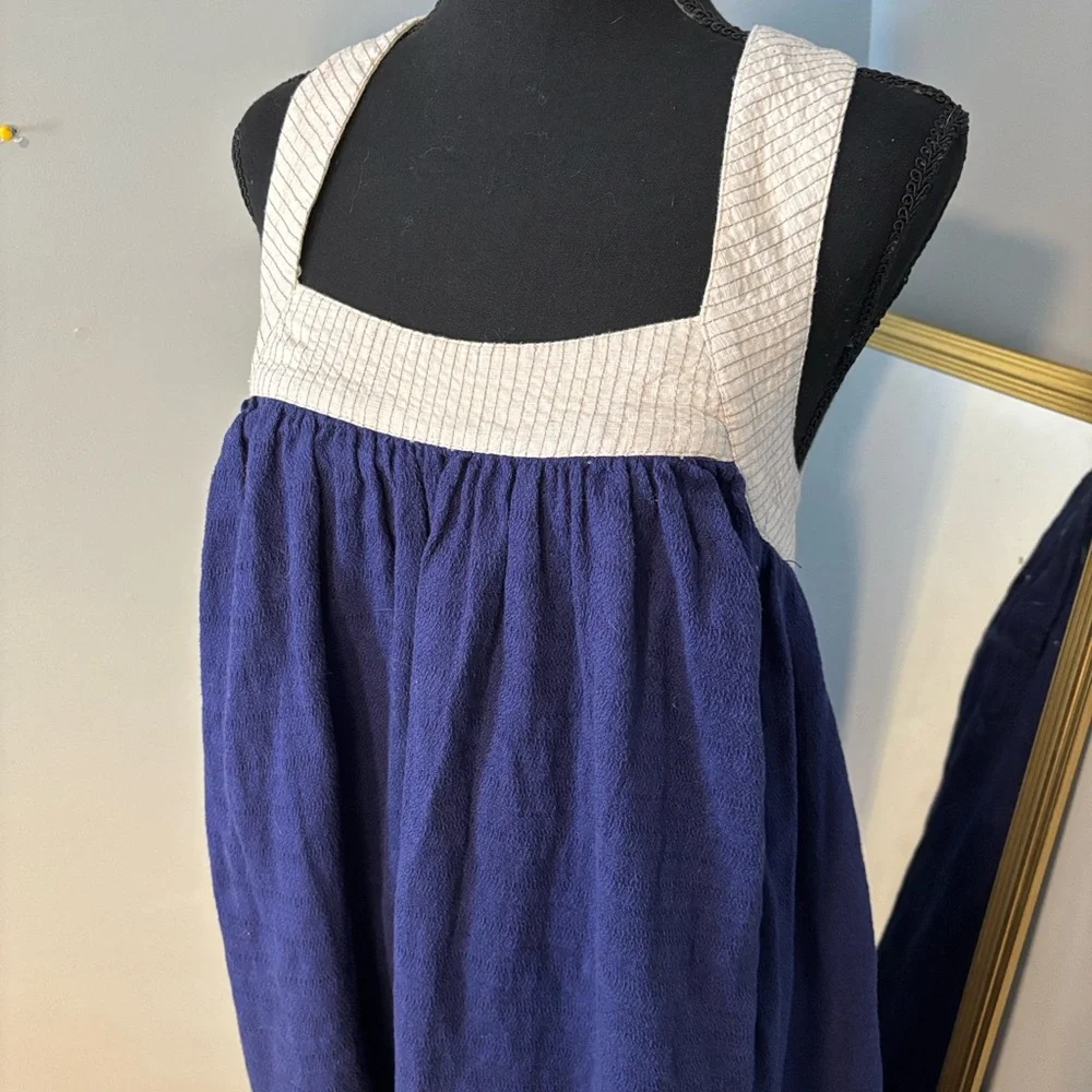 Free People Navy Blue Cotton Linen Striped‎ Bodice Open Back Maxi Dress Small